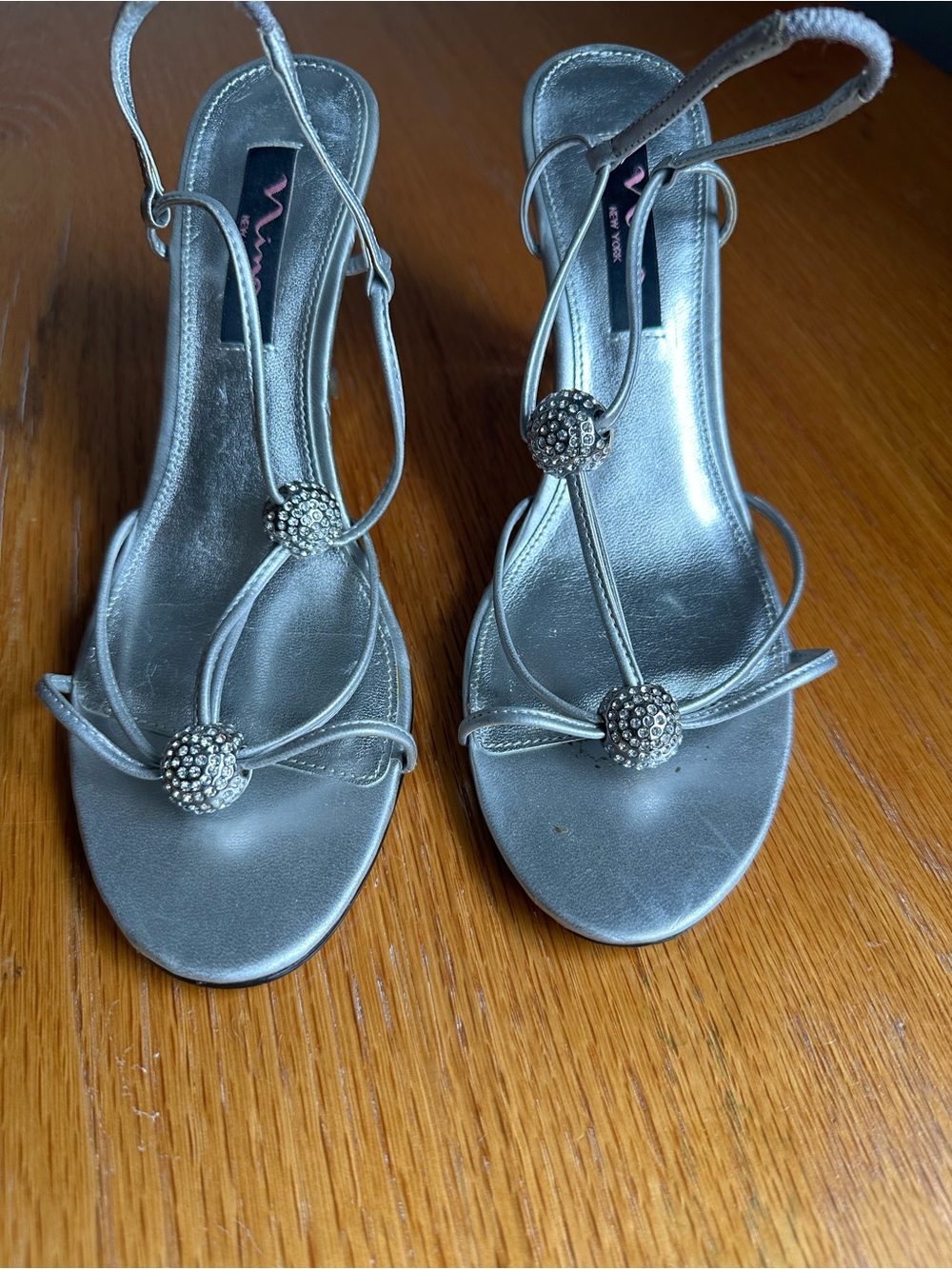 Nina Silver Rhinestone-Embellished Strappy Heels